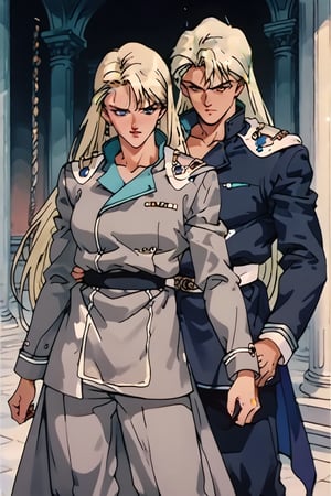 (Beatiful, masterpiece, aesthetic). Anime muscle man. long platinum hair. Light blue eyes. grey military clothes, silver armor with gold decorations. (Anime Character) (Dark enviroment). he is holding the hand of an incredibly beautiful young cancer woman-a blonde with blue eyes, long golden hair, she is wearing a light golden dress, she is a princess. They're in love. Kunzite,Malachite,SMV4,score_9,score_8_up,score_7_up,rating_explicit,aavenus, long hair, (Aesthetic dark image), femme fatale,Couple poses