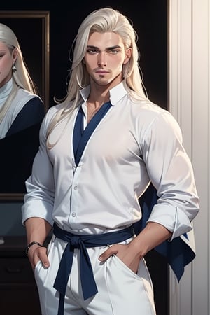 Tall, handsome, courageous, large, broad-shouldered, muscular, athletic young man, long straight hair, platinum blond with blue eyes, tanned skin, he has long straight platinum hair, he is dressed in a white tunic with dark blue patterns and white trousers. Masterpiece, detailed study of the face, beautiful face, beautiful facial features, perfect image, realistic shots, detailed study of faces, full-length image, 8k, detailed image, extremely detailed illustration, a real masterpiece of the highest quality, with careful drawing.