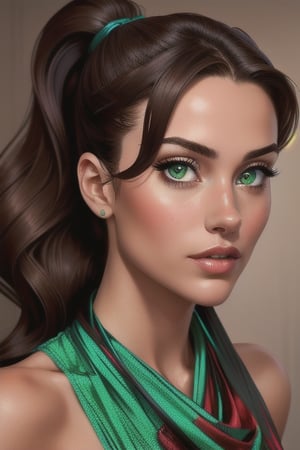 An incredibly beautiful young femme fatale with green eyes, she has curly chocolate hair pulled back in a ponytail, she is wearing a green dress, long bangs.  Masterpiece, detailed study of the face, beautiful face, beautiful facial features, perfect image, realistic shots, detailed study of faces, full-length image, 8k, detailed image, extremely detailed illustration, a real masterpiece of the highest quality, with careful drawing. BEAUTY, bar ,smjupiter,(PnMakeEnh)