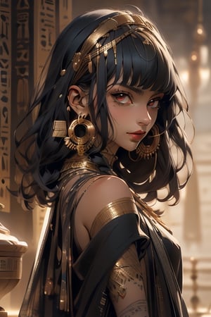 An incredibly beautiful young femme fatale with garnet eyes, long straight black and green hair, one bunch of hair on top of the head. dressed in a long ancient Greek chiton. Masterpiece, perfect image, realistic shots, detailed study of faces, full-length image, 8k, detailed image. extremely detailed illustration, a real masterpiece of the highest quality, with careful drawing. Full-length image. greek clothes., mature woman, pluto, meiou setsuna, egypt, egyptian
