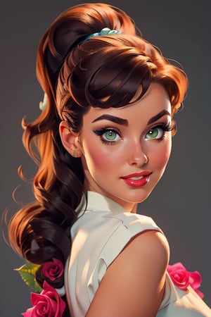 An incredibly beautiful young femme fatale with green eyes, curly long hair gathered in a high ponytail, the tail is decorated with a pink rose hairpin, she has long bangs, dressed in a pin-up romantic image. Masterpiece, beautiful face, beautiful facial features, perfect image, realistic photos, full-length image, 8k, detailed image, extremely detailed illustration, a real masterpiece of the highest quality, with careful drawing. glow. In full growth. ,beautypinupart, PinUp,hmjupiter