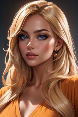 An incredibly beautiful young femme fatale is a blonde with blue eyes, she has an orange dress, long golden thick hair, long bangs.  Masterpiece, detailed study of the face, beautiful face, beautiful facial features, perfect image, realistic shots, detailed study of faces, full-length image, 8k, detailed image, extremely detailed illustration, a real masterpiece of the highest quality, with careful drawing. BEAUTY