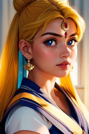 An incredibly beautiful young femme fatale is a golden-haired blonde with two bunches on her head and two long tails, blue-eyed, dressed in a traditional white saree. Masterpiece, perfect image, realistic shots, detailed study of the face, full-length image, 8k, detailed image. extremely detailed illustration, a real masterpiece of the highest quality, with careful drawing. ,sailor moon,indian,serena tsukino,Indian dress,sari