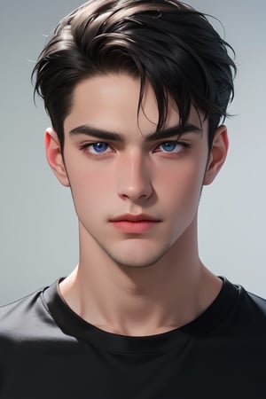 A tall, handsome, athletic, statuesque, courageous young man with long black hair gathered in a tight knot at the back of his head, with blue eyes, long straight black, dressed in a black T-shirt and white jeans. Masterpiece, detailed study of the face, beautiful face, beautiful facial features, perfect image, realistic shots, detailed study of faces, full-length image, 8k, detailed image, extremely detailed illustration, a real masterpiece of the highest quality, with careful drawing. detailed eyes, beautiful face, blue eyes, handsome male, clean-shaven face, wrenchftmfshn smooth face. smooth facial skin, no facial hair, no facial hair, wrenchftmfshn, SailorStarFighter