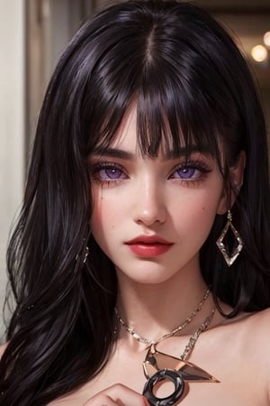 An incredibly beautiful young femme fatale is a brunette with purple eyes, she has a red dress, long straight black hair, long bangs.  Masterpiece, detailed study of the face, beautiful face, beautiful facial features, perfect image, realistic shots, detailed study of faces, full-length image, 8k, detailed image, extremely detailed illustration, a real masterpiece of the highest quality, with careful drawing. masterpiece, WOWAI, belle (PnMakeEnh),Black haired beauty