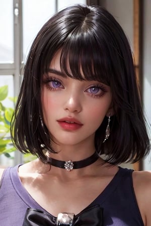 an incredibly beautiful young femme fatale is a brunette with lilac eyes, she has a lilac dress, straight black hair in a square, long bangs.  Masterpiece, detailed study of the face, beautiful face, beautiful facial features, perfect image, realistic shots, detailed study of faces, full-length image, 8k, detailed image, extremely detailed illustration, a real masterpiece of the highest quality, with careful drawing.masterpiece, WOWAI, belle (PnMakeEnh),Black haired beauty,sailor saturn,(PnMakeEnh)