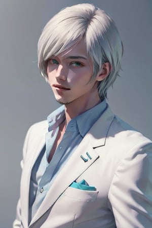 A handsome young man is platinum blond, he has long straight platinum hair, green eyes, he is dressed in a white suit and a blue shirt. Masterpiece, perfect image, realistic image, detailed study of faces, full-length image, 8k, detailed image, extremely detailed illustration, a real masterpiece of the highest quality, with careful drawing.,yaten,1man