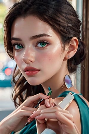 an incredibly beautiful young femme fatale with green eyes, she has a green and pink dress, long curly chocolate hair, gathered in a ponytail.  Masterpiece, detailed study of the face, beautiful face, beautiful facial features, perfect image, realistic shots, detailed study of faces, full-length image, 8k, detailed image, extremely detailed illustration, a real masterpiece of the highest quality, with careful drawing. ,masterpiece,WOWAI,belle