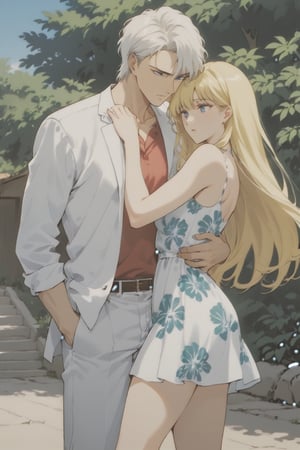 beautiful drawing,tall, statuesque,courageous,athletic,handsome man with long straight white hair below the shoulders,long bangs,bright blue eyes,dressed in a business suit,he is dissatisfied,stands with his back to an incredibly beautiful fatal blonde woman with long straight golden hair,blue eyes,beautiful facial features,dressed in a light summer dress, she flirts with him, stands with her back to him.summer, sunshine,beautiful house,love at first sight
 score_9, score_8,score_7,rating_explicit, (Aesthetic romantic image)score_9,score_7_up,rating_explicit, score_8_up, SMV4,Malachite,Kunzite,1male,1woman, hetero couple