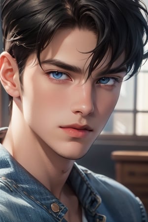 A tall, handsome, masculine young man with a strong build, black-haired brunette, long straight black hair, blue eyes. Low-rise jeans. The podium. Masterpiece, detailed study of the face, beautiful face, beautiful facial features, perfect image, realistic shots, detailed study of faces, full-length image, 8k, detailed image. an extremely detailed illustration, a real masterpiece of the highest quality, with careful drawing.,SailorStarFighter