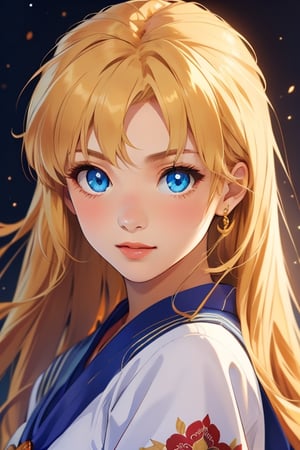 An incredibly beautiful young femme fatale is a golden-haired blonde with long hair and blue eyes, dressed in traditional kimono. Masterpiece, perfect image, realistic shots, detailed study of the face, full-length image, 8k, detailed image. extremely detailed illustration, a real masterpiece of the highest quality, with careful drawing.,1woman,blonde hair,blue eyes, sailor Venus sv1,sv1,kimono, in full growth, ,aausagi