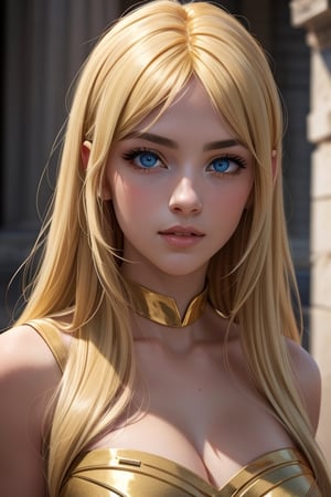 An incredibly beautiful young femme fatale is a golden-haired blonde with blue eyes, long golden hair and long bangs, dressed in an ancient Greek chiton. Masterpiece, perfect image, realistic shots, detailed study of faces, full-length image, 8k, detailed image. extremely detailed illustration, a real masterpiece of the highest quality, with careful drawing. Full-length image ,greek clothes