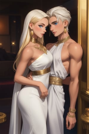 A tall, statuesque, handsome, athletic young men, he is dressed in royal oriental white clothes, he has tanned skin, long straight white hair he hughs an incredibly beautiful femme fatale young woman, golden-haired blonde with blue eyes, long golden hair gathered in a high beautiful hairstyle, she is dressed in a beautiful luxurious white long dress in oriental style with open shoulders, which perfectly fits her slender beautiful figure, emphasizes a thin waist and rounded hips, deep neckline, long on a thin sparkling gold. There is a jewelry chain around her neck, and long gold earrings in her ears. They are in love with each other, they look at each other with love. They are happy. Masterpiece, perfect drawing, realistic drawing, detailed elaboration, 8k. full-length image, realistic image, detailed image. an extremely detailed illustration, a real masterpiece of the highest quality, with careful drawing.,1boy