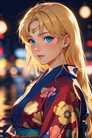 An incredibly beautiful young femme fatale is a golden-haired blonde with long hair and blue eyes, dressed in traditional kimono. Masterpiece, perfect image, realistic shots, detailed study of the face, full-length image, 8k, detailed image. extremely detailed illustration, a real masterpiece of the highest quality, with careful drawing.,1woman,blonde hair,blue eyes, kimono, ,aausagi