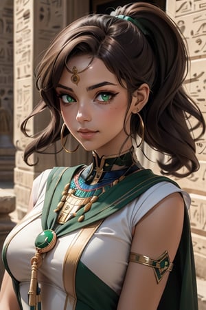 An incredibly beautiful young femme fatale with green eyes, curly chocolate hair pulled back in a ponytail, dressed in long ancient Egyptian clothes. Masterpiece, perfect image, realistic shots, detailed study of faces, full-length image, 8k, detailed image. extremely detailed illustration, a real masterpiece of the highest quality, with careful drawing. Full-length image. greek clothes. sailor jupiter. mature woman, egypt, egyptian, mature woman, ancient egyptian clothes,smjupiter,sailor jupiter,EPsmSailorJupiter