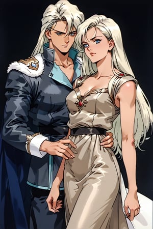 (Beatiful, masterpiece, aesthetic). Anime muscle man. long platinum hair. Light blue eyes. grey military clothes, silver armor with gold decorations. (Anime Character) (Dark enviroment). he is holding the hand of an incredibly beautiful young cancer woman-a blonde with blue eyes, long golden hair, she is wearing a light golden dress, she is a princess. They're in love. Kunzite,Malachite,SMV4,score_9,score_8_up,score_7_up,rating_explicit,aavenus, long hair, (Aesthetic dark image), femme fatale,Couple poses