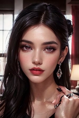 an incredibly beautiful young femme fatale is a brunette with garnet eyes, she has a marsala-colored dress, straight long black hair, long bangs, one bun on top of her head.  Masterpiece, detailed study of the face, beautiful face, beautiful facial features, perfect image, realistic shots, detailed study of faces, full-length image, 8k, detailed image, extremely detailed illustration, a real masterpiece of the highest quality, with careful drawing.  masterpiece, WOWAI, belle (PnMakeEnh),Black haired beauty, (PnMakeEnh)