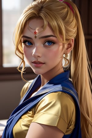 An incredibly beautiful young femme fatale is a golden-haired blonde with two bunches on her head and two long tails, blue-eyed, dressed in a traditional white saree. Masterpiece, perfect image, realistic shots, detailed study of the face, full-length image, 8k, detailed image. extremely detailed illustration, a real masterpiece of the highest quality, with careful drawing. ,sailor moon,indian,serena tsukino,Indian dress,sari,aausagi
