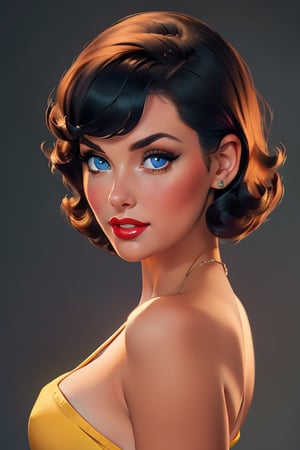 An incredibly beautiful young femme fatale with blue eyes, short black and blue hair, she has long bangs, she is dressed in a pin-up romantic look. Masterpiece, beautiful face, beautiful facial features, perfect image, realistic photos, full-length image, 8k, detailed image, extremely detailed illustration, a real masterpiece of the highest quality, with careful drawing. glow. In full growth. ,beautypinupart, PinUp,mer1