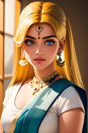 An incredibly beautiful young femme fatale is a golden-haired blonde with two bunches on her head and two long tails, blue-eyed, dressed in a traditional white saree. Masterpiece, perfect image, realistic shots, detailed study of the face, full-length image, 8k, detailed image. extremely detailed illustration, a real masterpiece of the highest quality, with careful drawing. ,sailor moon,indian,serena tsukino,Indian dress,sari