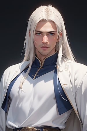 A tall, handsome, courageous, large, athletic young man, long straight hair, platinum blond with blue eyes, tanned skin, he has long straight platinum hair, he is dressed in a white tunic with dark blue patterns and white trousers. Masterpiece, detailed study of the face, beautiful face, beautiful facial features, perfect image, realistic shots, detailed study of faces, full-length image, 8k, detailed image, extremely detailed illustration, a real masterpiece of the highest quality, with careful drawing.