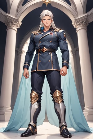 (Beatiful, masterpiece, aesthetic). Anime muscle man.long straight platinum hair below the shoulders. Light blue eyes. grey military clothes, silver armor with gold decorations. (Anime Character) (Dark enviroment).Kunzite,Malachite,SMV4,score_9,score_8_up,score_7_up,rating_explicit, (Aesthetic dark image), long straight platinum hair below the shoulders,MALE,  full-length image,Handsome male