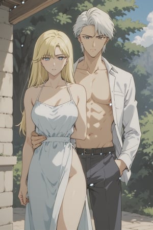 beautiful drawing,tall, statuesque,courageous,athletic,handsome man with long straight white hair below the shoulders,long bangs,bright blue eyes,dressed in a business suit,he is dissatisfied,stands with his back to an incredibly beautiful fatal blonde woman with long straight golden hair,blue eyes,beautiful facial features,dressed in a light summer dress, she flirts with him, stands with her back to him.summer, sunshine,beautiful house,love at first sight
 score_9, score_8,score_7,rating_explicit, (Aesthetic romantic image)score_9,score_7_up,rating_explicit, score_8_up, SMV4,Malachite,Kunzite,1male,1woman, hetero couple