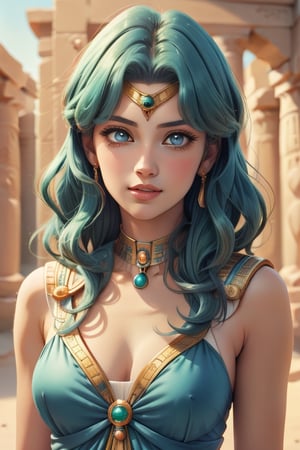 An incredibly beautiful young femme fatale with long curly aquamarine hair, aquamarine eyes, long curly aquamarine hair, dressed in a long ancient Greek chiton. Masterpiece, perfect image, realistic shots, detailed study of faces, full-length image, 8k, detailed image. extremely detailed illustration, a real masterpiece of the highest quality, with careful drawing. Full-length image. ,sailor neptune, mature woman, egypt, egyptian, mature woman,michiru,ancient egyptian clothes