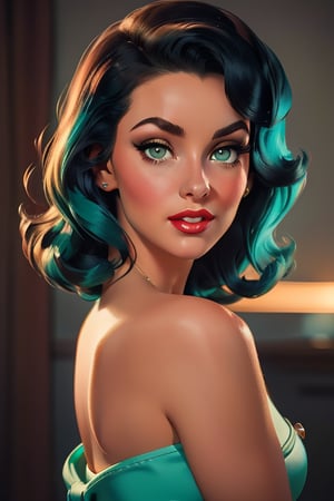 An incredibly beautiful young femme fatale with green eyes, short black and blue hair, she has long bangs, she is dressed in a pin-up romantic look. Masterpiece, beautiful face, beautiful facial features, perfect image, realistic photos, full-length image, 8k, detailed image, extremely detailed illustration, a real masterpiece of the highest quality, with careful drawing. glow. In full growth. ,beautypinupart, PinUp,mer1