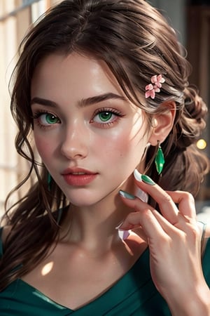 an incredibly beautiful young femme fatale with green eyes, she has a green and pink dress, long curly chocolate hair, gathered in a ponytail.  Masterpiece, detailed study of the face, beautiful face, beautiful facial features, perfect image, realistic shots, detailed study of faces, full-length image, 8k, detailed image, extremely detailed illustration, a real masterpiece of the highest quality, with careful drawing. ,masterpiece,WOWAI,belle