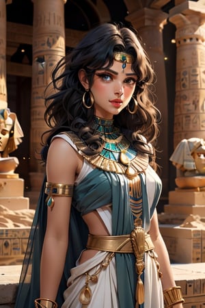 An incredibly beautiful young femme fatale with long curly aquamarine hair, aquamarine eyes, long curly aquamarine hair, dressed in a long ancient Greek chiton. Masterpiece, perfect image, realistic shots, detailed study of faces, full-length image, 8k, detailed image. extremely detailed illustration, a real masterpiece of the highest quality, with careful drawing. Full-length image. ,sailor neptune, mature woman, egypt, egyptian, mature woman,michiru