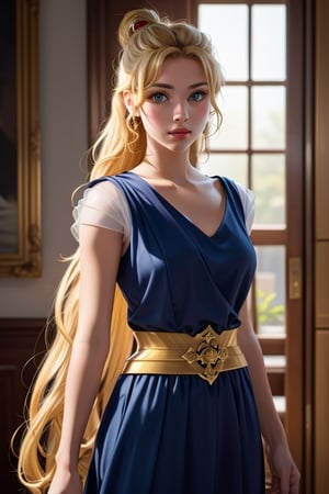 An incredibly beautiful young femme fatale is a golden-haired blonde with blue eyes, two bunches on her head and two long golden tails, dressed in an ancient Greek chiton. Masterpiece, perfect image, realistic shots, detailed study of faces, full-length image, 8k, detailed image. extremely detailed illustration, a real masterpiece of the highest quality, with careful drawing. Full-length image,greek clothes,aausagi