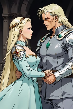 (Beatiful, masterpiece, aesthetic). Anime muscle man. long platinum hair. Light blue eyes. grey military clothes, silver armor with gold decorations. (Anime Character) (Dark enviroment). he is holding the hand of an incredibly beautiful young cancer woman-a blonde with blue eyes, long golden hair, she is wearing a light golden dress, she is a princess. They're in love. Kunzite,Malachite,SMV4,score_9,score_8_up,score_7_up,rating_explicit,aavenus, long hair, (Aesthetic dark image), femme fatale, Couple poses,