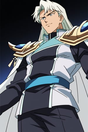 (Beatiful, masterpiece, aesthetic). Anime muscle man.long straight platinum hair below the shoulders. Light blue eyes. grey military clothes, silver armor with gold decorations. (Anime Character) (Dark enviroment).Kunzite,Malachite,SMV4,score_9,score_8_up,score_7_up,rating_explicit, (Aesthetic dark image),long straight platinum hair below the shoulders