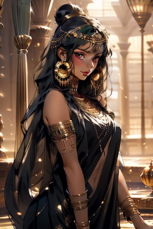 An incredibly beautiful young femme fatale with garnet eyes, long straight black and green hair, one bunch of hair on top of the head. dressed in a long ancient Greek chiton. Masterpiece, perfect image, realistic shots, detailed study of faces, full-length image, 8k, detailed image. extremely detailed illustration, a real masterpiece of the highest quality, with careful drawing. Full-length image. greek clothes. mature woman, pluto, meiou setsuna, egypt, egyptian, sailor pluto