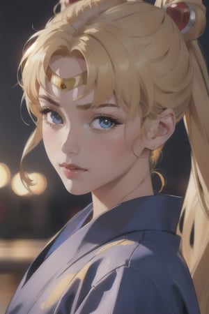 An incredibly beautiful young femme fatale is a golden-haired blonde with two bunches on her head and two long tails, blue eyes, dressed in a traditional white yukata kimono. Masterpiece, perfect image, realistic shots, detailed study of the face, full-length image, 8k, detailed image. extremely detailed illustration, a real masterpiece of the highest quality, with careful drawing. aausagi