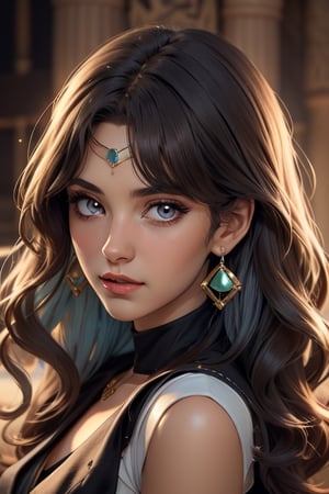 An incredibly beautiful young femme fatale with long curly aquamarine hair, aquamarine eyes, long curly aquamarine hair, dressed in a long ancient Greek chiton. Masterpiece, perfect image, realistic shots, detailed study of faces, full-length image, 8k, detailed image. extremely detailed illustration, a real masterpiece of the highest quality, with careful drawing. Full-length image. ,sailor neptune, mature woman egypt, egyptian, mature woman,michiru