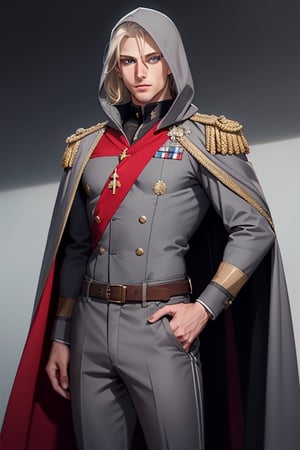 A tall, handsome, courageous, athletic young man, platinum blond with blue eyes, tanned skin, he has long straight platinum hair, he is dressed in a military uniform (gray uniform with a high stand-up collar, straight gray trousers, a cape without a hood is draped over his shoulders), a belt with a scabbard is attached to his belt, one hand rests on the hilt of the sword. Masterpiece, detailed study of the face, beautiful face, beautiful facial features, perfect image, realistic shots, detailed study of faces, full-length image, 8k, detailed image, extremely detailed illustration, a real masterpiece of the highest quality, with careful drawing.,1guy