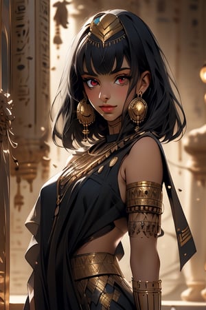 An incredibly beautiful young femme fatale with blackberry eyes, straight black hair, a square haircut, dressed in a long ancient Greek chiton. Masterpiece, perfect image, realistic shots, detailed study of faces, full-length image, 8k, detailed image. extremely detailed illustration, a real masterpiece of the highest quality, with careful drawing. Full-length image. greek clothes., mature woman, ,sailor saturn, tiara,egypt,egyptian