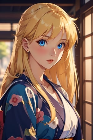 An incredibly beautiful young femme fatale is a golden-haired blonde with long hair and blue eyes, dressed in traditional kimono. Masterpiece, perfect image, realistic shots, detailed study of the face, full-length image, 8k, detailed image. extremely detailed illustration, a real masterpiece of the highest quality, with careful drawing.,1woman,blonde hair,blue eyes, sailor Venus sv1,sv1,kimono, in full growth, 
