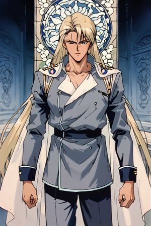 (Beatiful, masterpiece, aesthetic) (Aesthetic dark image) . Anime muscle man. long platinum hair. Light blue eyes.  grey military clothes, silver armor with gold decorations. (Anime Character) (Dark enviroment). he is holding the hand of an incredibly beautiful young fatal golden-haired blonde with blue eyes, long golden hair, in a light golden dress.
  ,Beautiful eyes,Eyes,Kunzite,Malachite,SMV4,score_9,score_8_up,score_7_up,rating_explicit,aavenus, long hair, 