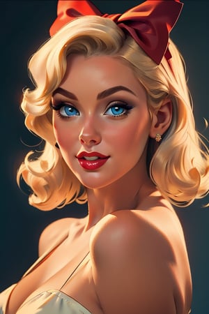 An incredibly beautiful young femme fatale woman-blonde with blue eyes, long golden hair gathered in a high hairstyle, a red bow on her hair, she has long bangs, dressed in a pin-up style, a romantic image.  Masterpiece, beautiful face, beautiful facial features, perfect image, realistic photos, full-length image, 8k, detailed image, extremely detailed illustration, a real masterpiece of the highest quality, with careful drawing. glow. In full growth. ,beautypinupart, PinUp