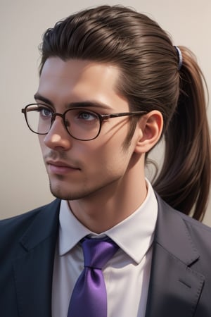 A tall, handsome, handsome young man with brown hair, he has long chocolate-colored hair gathered in a tight low ponytail on the back of his head and combed back, glasses, lilac eyes, he is dressed in a suit. Masterpiece, beautiful face, perfect image, realistic photos, 8k, detailed image, extremely detailed illustration, a real masterpiece of the highest quality, with careful drawing. SailorStarMaker, low ponytail on the back of the head, hair combed back.