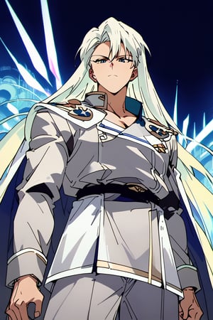 (Beatiful, masterpiece, aesthetic). Anime muscle man.long straight platinum hair below the shoulders. Light blue eyes. grey military clothes, silver armor with gold decorations. (Anime Character) (Dark enviroment).Kunzite,Malachite,SMV4,score_9,score_8_up,score_7_up,rating_explicit, (Aesthetic dark image), long straight platinum hair below the shoulders,Handsome male