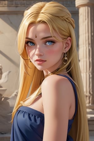 An incredibly beautiful young femme fatale is a golden-haired blonde with blue eyes, two bunches on her head and two long golden tails, dressed in an ancient Greek chiton. Masterpiece, perfect image, realistic shots, detailed study of faces, full-length image, 8k, detailed image. extremely detailed illustration, a real masterpiece of the highest quality, with careful drawing. Full-length image,greek clothes, aausagi,serena tsukino