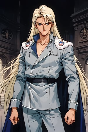 (Beatiful, masterpiece, aesthetic). Anime muscle man. long platinum hair. Light blue eyes. grey military clothes, silver armor with gold decorations. (Anime Character) (Dark enviroment). He is holding the hand of an incredibly beautiful young femme fatal golden-haired blonde with blue eyes, long golden hair, in a light golden dress. Kunzite,Malachite,SMV4,score_9,score_8_up,score_7_up,rating_explicit,aavenus, long hair, (Aesthetic dark image), femme fatale,Couple poses