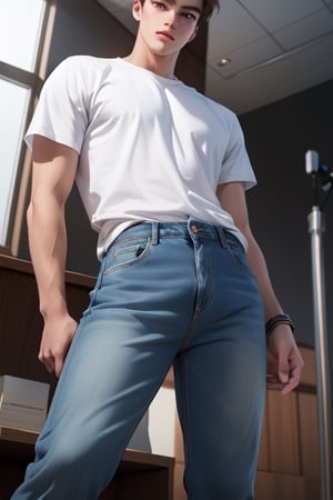 A tall, handsome, courageous young man with a strong build, brown hair, long brown hair, violet eyes. Low-rise jeans. The podium. Masterpiece, detailed study of the face, beautiful face, beautiful facial features, perfect image, realistic shots, detailed study of faces, full-length image, 8k, detailed image. an extremely detailed illustration, a real masterpiece of the highest quality, with careful drawing.,SailorStarMaker