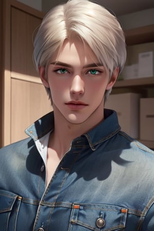 A tall, handsome, masculine young man of slim build, platinum blond, long straight platinum hair, emerald eyes, slender body. Low-rise jeans. The podium. Masterpiece, detailed study of the face, beautiful face, beautiful facial features, perfect image, realistic shots, detailed study of faces, full-length image, 8k, detailed image. an extremely detailed illustration, a real masterpiece of the highest quality, with careful drawing.,1boy full-length image.,yaten