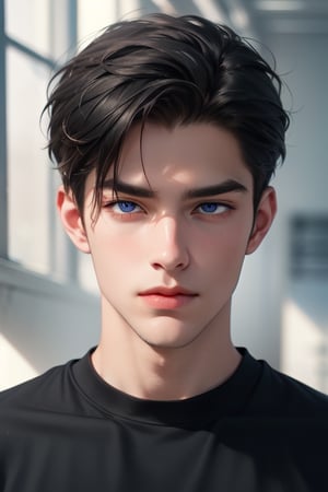 A tall, handsome, athletic, statuesque, courageous young man with long black hair gathered in a tight knot at the back of his head, with blue eyes, long straight black, dressed in a black T-shirt and white jeans. Masterpiece, detailed study of the face, beautiful face, beautiful facial features, perfect image, realistic shots, detailed study of faces, full-length image, 8k, detailed image, extremely detailed illustration, a real masterpiece of the highest quality, with careful drawing. detailed eyes, beautiful face, blue eyes, handsome male, clean-shaven face, wrenchftmfshn smooth face. smooth facial skin, no facial hair, no facial hair, wrenchftmfshn, SailorStarFighter