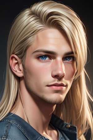 A tall, handsome, athletic, statuesque, courageous young man, platinum blond with blue eyes, long straight platinum hair combed back, wearing jeans and an olive-colored T-shirt. Masterpiece, detailed study of the face, beautiful face, beautiful facial features, perfect image, realistic shots, detailed study of faces, full-length image, 8k, detailed image, extremely detailed illustration, a real masterpiece of the highest quality, with careful drawing. detailed eyes, beautiful face, blue eyes, cute blond male,handsome male